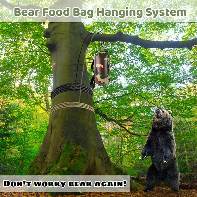 Bear Food Bag Hanging System, Ultralight Camping Bear Bag Kit Include 10L Waterproof Bear Bag, Pulley System with Survival Utility Ropes, Clips, Rock Pouch and Instructions