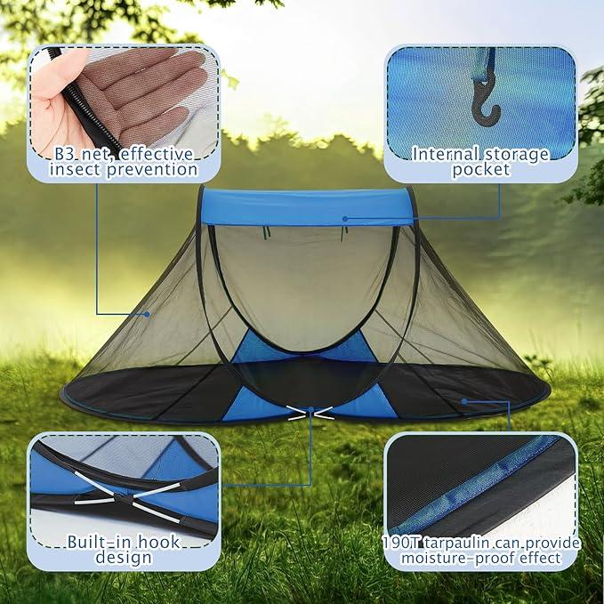Pop up Mosquito Net Tents for Camping Instant Netting Screen Foldable Pop Tent with Ground Pin Waterproof Freestanding Insect Summer Bed Protection(86.61 x 41.34 x 35.43 inches,Blue,2 Pcs)