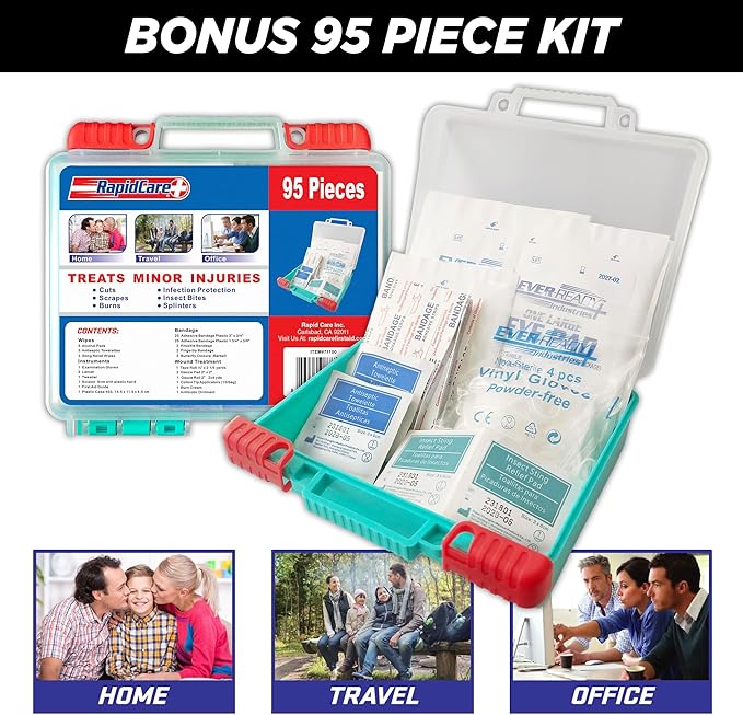 Rapid Care First Aid Kit – 300+ Piece Emergency Medical Kit with Bonus 95-Piece Travel Pack – Outdoor, Workplace, and Home Use – Color Coded & Labeled for Quick Access