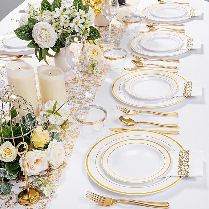 NOCCUR 700PCS Gold Disposable Dinnerware Set for 100 Guests - Plastic Plates for Party - Include 200 Gold Dinner/Dessert Plates, 100 Napkins, 100 Cups, 300 Plastic Silverware - Ideal for Wedding&Party