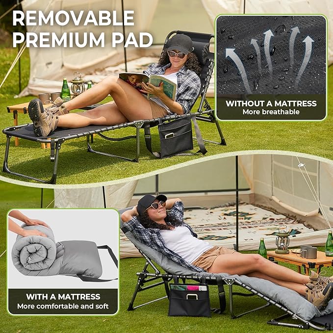FUNDANGO Folding Chaise Lounge Chair with Soft Pad & Side Table for Outside, Patio, Beach, Sunbathing, Adjustable 5 Position Portable Camping Reclining Chair with Pillow