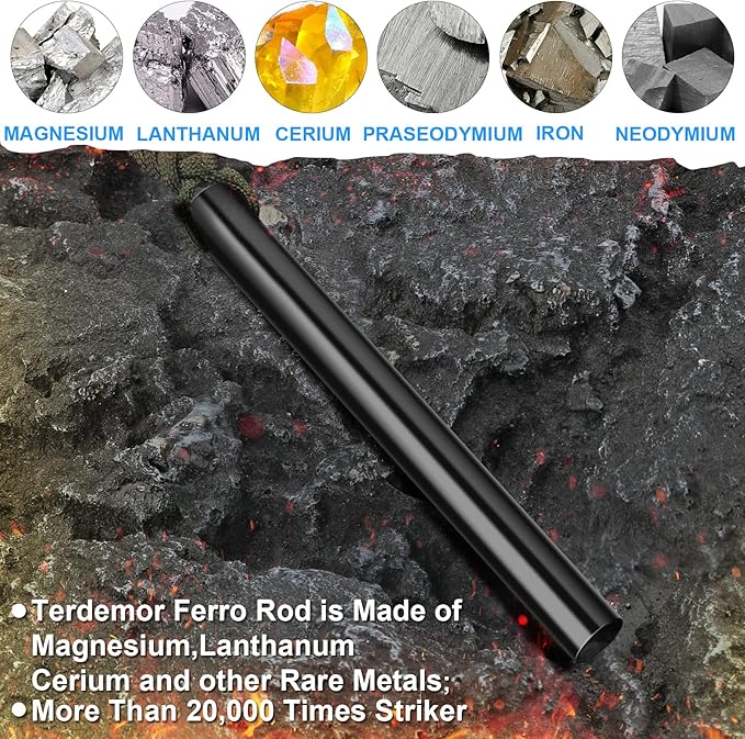 Ferro Rod Fire Starter Kit – Two 5" Flint and Steel with Two Waxed Tinder Cord & Paracord for Camping, Hiking, Outdoor Survival, Emergency Preparedness