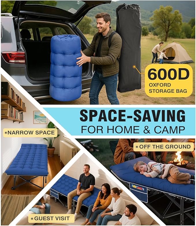 Slendor XXL Camping Cot, Oversized Camping Bed, 79" L x 32" W x 19" H Sleeping Cot with Mattress, Carry Bag, Camp Cot Bed for Travel, Guest, Support 900lbs, Blue Cot+ Blue Pad