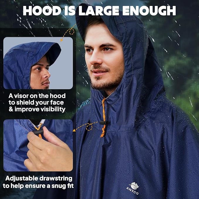 ANYOO Hooded Rain Poncho for Adults Waterproof Lightweight Rain Coat for Men Women Reusable Rain Jacket for Emergency Outdoor