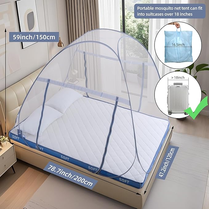 Pop-Up Mosquito Net Tent for Bed, Portable Folding Design Outdoor Camping Bed Tent with Net Bottom for Baby Adults, Easy to Install and Wash for Twin XL/Full Size Bed 75 x 59 x 48 inch