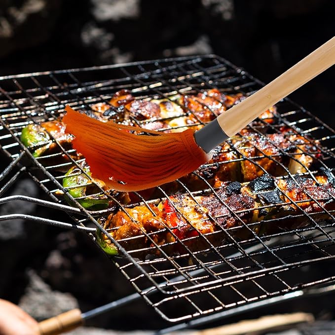 4Pcs BBQ Mop Brush Grilling Basting Mop Wooden Long Handle BBQ Mop Set with 12Pcs Replacement Heads for Basting Steak Marinade Sauce(18.3inch)