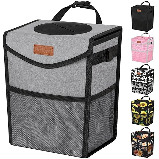 Car Trash Can with Lid, Cute Leakproof Car Trash Garbage Bag Hanging Vehicle Trash Bin Small Portable Automotive Garbage Cans Organizer for Back/Front Seat/Console(Trapezoid,Grey)