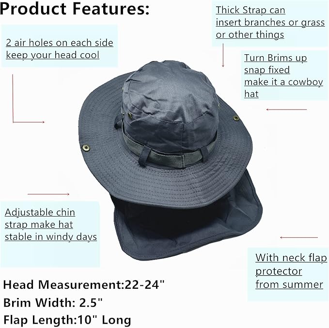 Glory Max Bucket Boonie Hat with Neck Flap Cover Sun Safari Wide Brim Fishing Garden Hiking Cap
