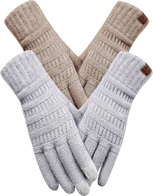 REACH STAR 2 Pairs Winter Gloves for Women - Upgraded Touch Screen Warm Knit Gloves Cold Weather, Soft Fleece Lining Elastic