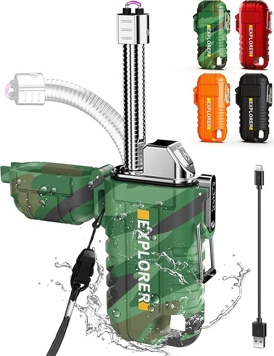 Waterproof Electric Lighter with 360°Flexible Long Neck, Outdoor Windproof Arc Lighter USB Rechargeable Flameless Plasma Cool Lighters for Outdoor & Kitchen(Camo)