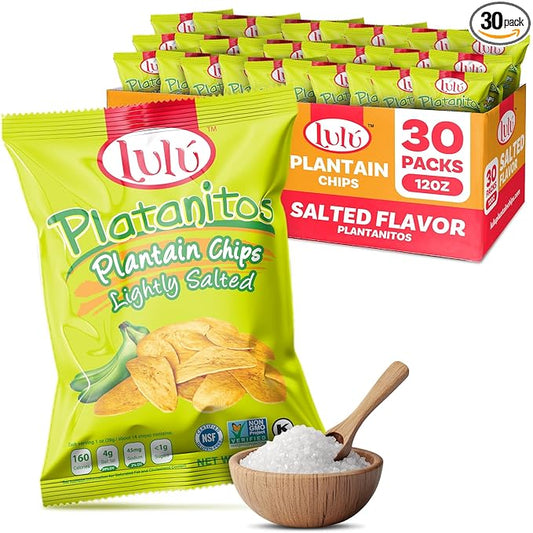 LULU Plantain Chips - Lightly Salted, 30 Individual Bags (2.5 Oz Each) - Crunchy, Delicious, Kosher, Gluten-Free Healthy Snacks - No Preservatives or Artificial Colors, Sustainably Sourced Plantains