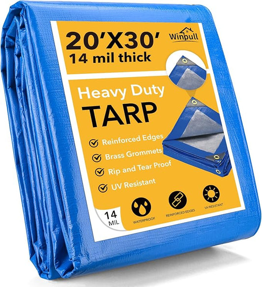 Tarp 20x30 Feet 14 Mil Heavy Duty Waterproof Tarp, Large Multipurpose Cover with Brass Grommets and Reinforced Edges, UV Resistant Thick Poly Tarps for Outdoor Camping Tent Pool Car, Blue