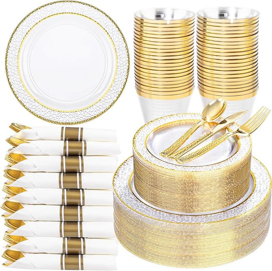 Ciaell 350PCS Clear Plastic Plates with Gold Trim for 50 Guests, Disposable Dinnerware Set for Wedding & Thanksgiving, Includes 100 Plastic Plates, 50 Pre Rolled Napkins with Gold Silverware, 50 Cups