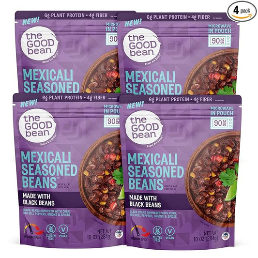 The Good Bean Heat and Eat Microwaveable Pouch - Mexicali Seasoned Beans - (4 Pack) 10 oz Pouch - Simmered Black Beans with Corn
