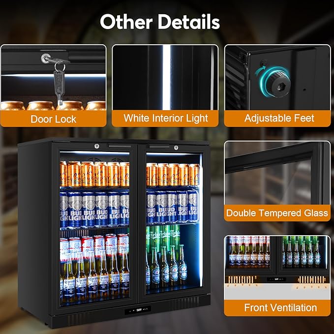 Back Bar Cooler Undercounter Beverage Refrigerator with Glass Door, Commercial Display Fridge for Beer Drink Soda with Temperature Control, 7.2Cu. Ft. Large Capacity, Black