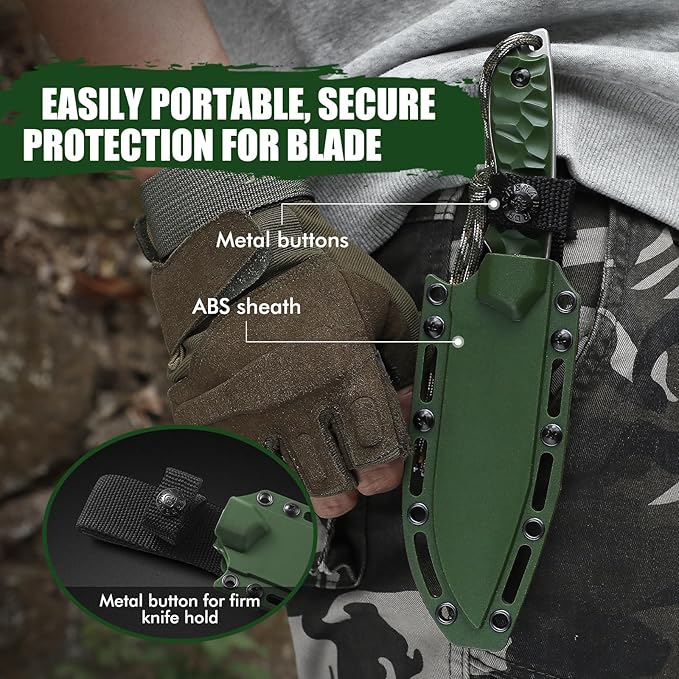 9.29" Tactical Knife B-ER-TANTO POINT, 5Cr14MoV Steel Blade Fixed Blade Tanto Knife with ABS Sheath, Gift for Men, Green, Camping Hunting and Hiking