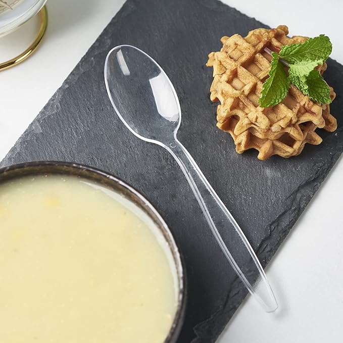 300 Crystal Clear Plastic Spoons Heavy Duty Silverware Set Disposable Serving Utensils Fancy Cutlery Elegant Flatware Heavyweight Plasticware Bulk Premium Sturdy Tableware Party Restaurant Supplies