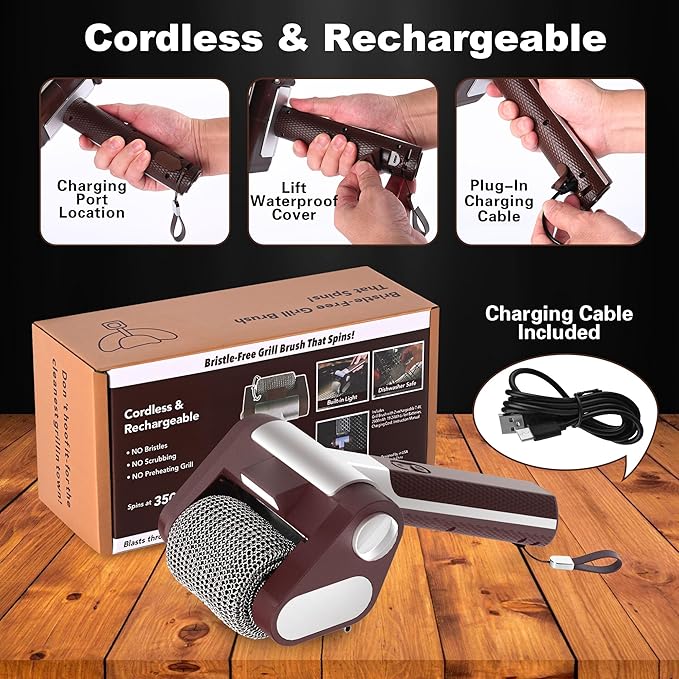 Electric Grill Cleaner Bristle Free – Cordless, Rechargeable BBQ Grill Brush with 350 RPM Stainless Roller, LED Light, Dishwasher-Safe for Gas/Charcoal Grills
