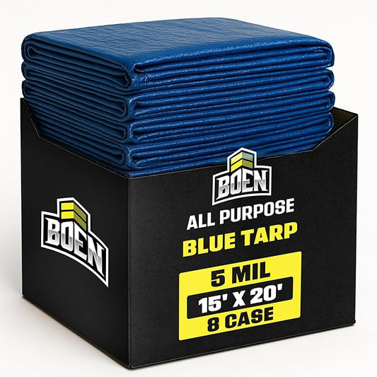 Boen 15' x 20' Blue Poly Tarps – 8-Pack, 5 Mil Multipurpose Waterproof UV-Resistant Covers with Grommets for Emergency Shelter, Roof Patch, Construction, Farm Equipment, Landscaping