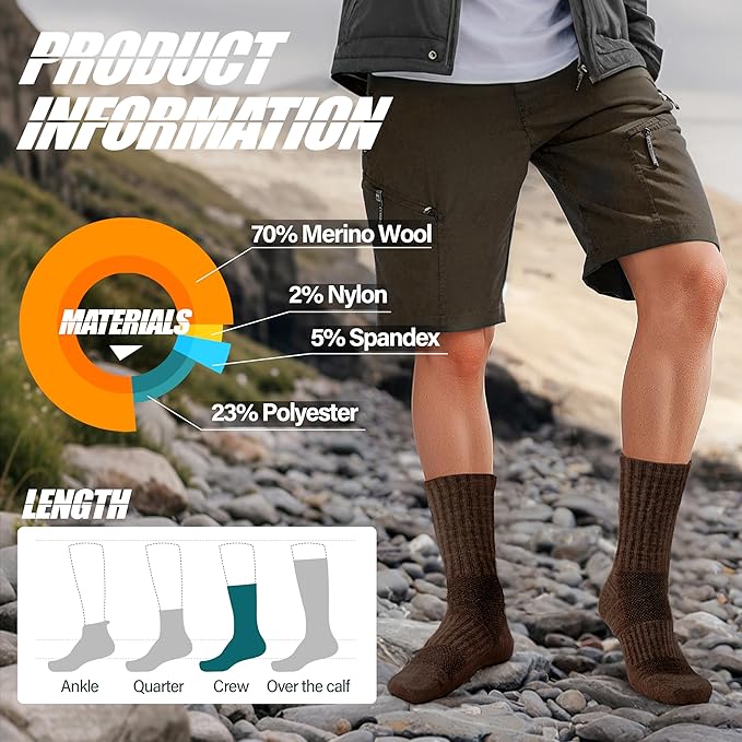 ANTSANG Merino Wool Hiking Socks for Men & Women 5 Pairs Thermal Warm Winter Thick Cushion Moisture Wicking Crew Boot Socks