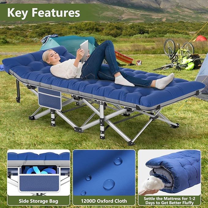 Slendor Folding Camping Cot, Sleeping Cot for Adults with Carry Bag, Mattress, 1200D Layer Oxford Portable Camp Cot Bed for Guest Travel Office Beach