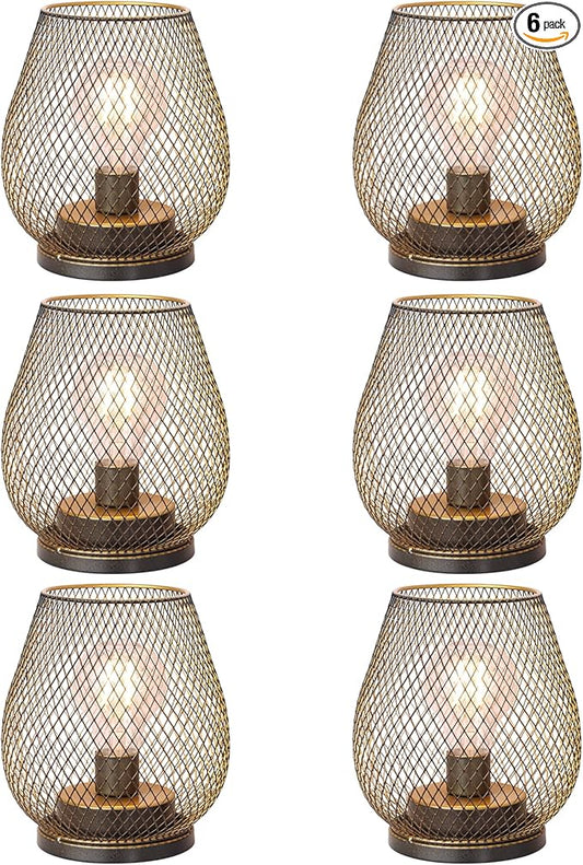 NEEDOMO Set of 6 Battery Operated Lamp Outdoor Table Lantern, LED Metal Cage with Timer Mode, Vintage Decorative Lights Cordless Lamp Indoor Outdoor Patio Bedroom Living Room (Golden)