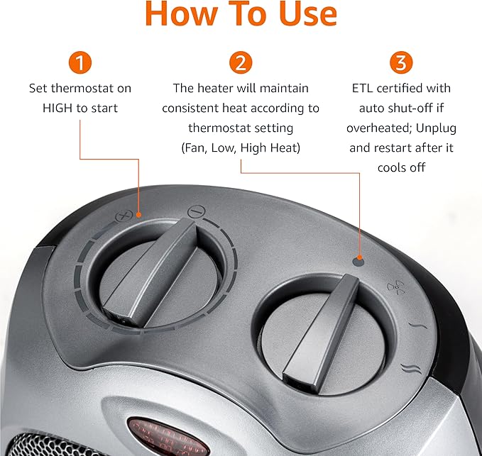Amazon Basics Ceramic Space Heater, Portable Indoor Heating Solution, With Overheat and Tip-Over Protection, Thermostat, Non-Oscillating, 1500W, 7.52"D x 6.34"W x 9.45"H, Silver