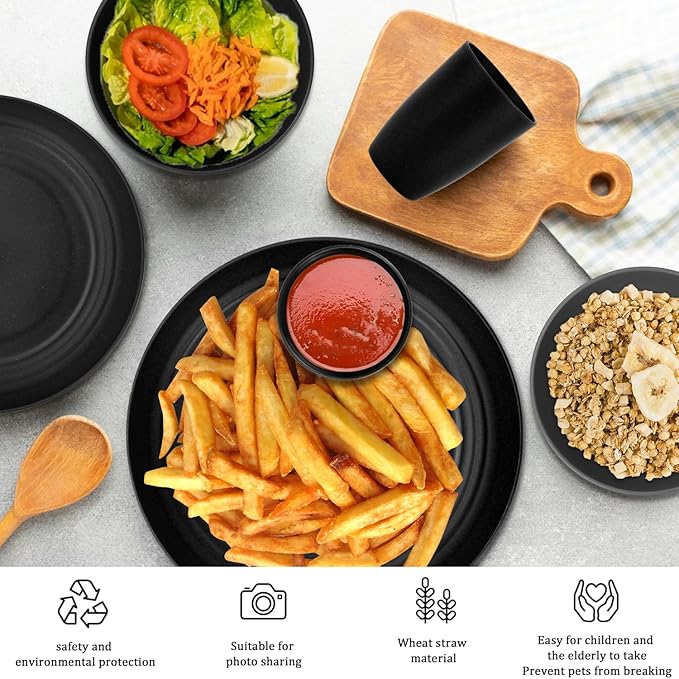 Wheat Straw Dishes Set 16 PCS, Service for 4,Unbreakable and Ruseable Plastic Dinnerware Sets,Dishwasher & Microwave Safe Plates Set for Kitchen,Camping,Dorm,Dessert Plates, Drinking Glasses（Black）