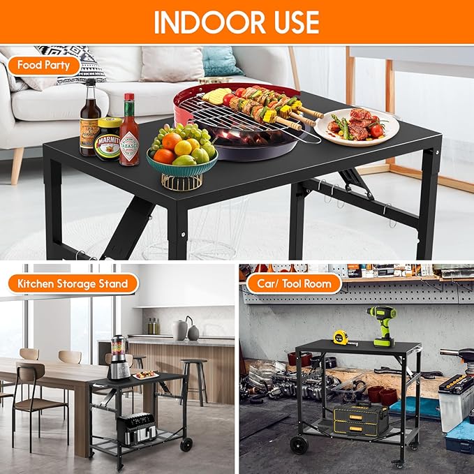 Grill Cart Outdoor with 4 Wheels - Foldable Pizza Oven Stand Table, Portable Dining Cart Table for Outdoor, BBQ, Indoor, Kitchen Black