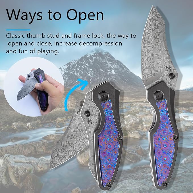 KANSEPT Baba Yaga Pocket Folding Knives for Men Women Camping Hiking Folding Knife 3.06'' Satin Damascus Blade EDC Knife with Titanium Timascus Inlay Timascus Clip Handle Everyday Carry K1074A8