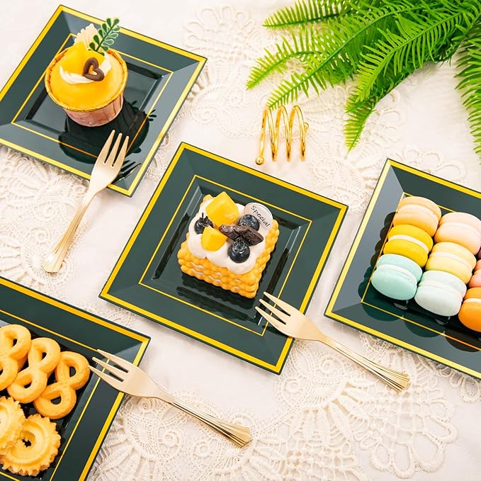 WDF 200PCS Green and Gold Plastic Dessert Plates with Plastic Forks -6’’ 100 Square Disposable Appetizer Plates Small Plates Cake Plates with Gold&100 Green Small Appetizer Forks for St. Patrick’s Day