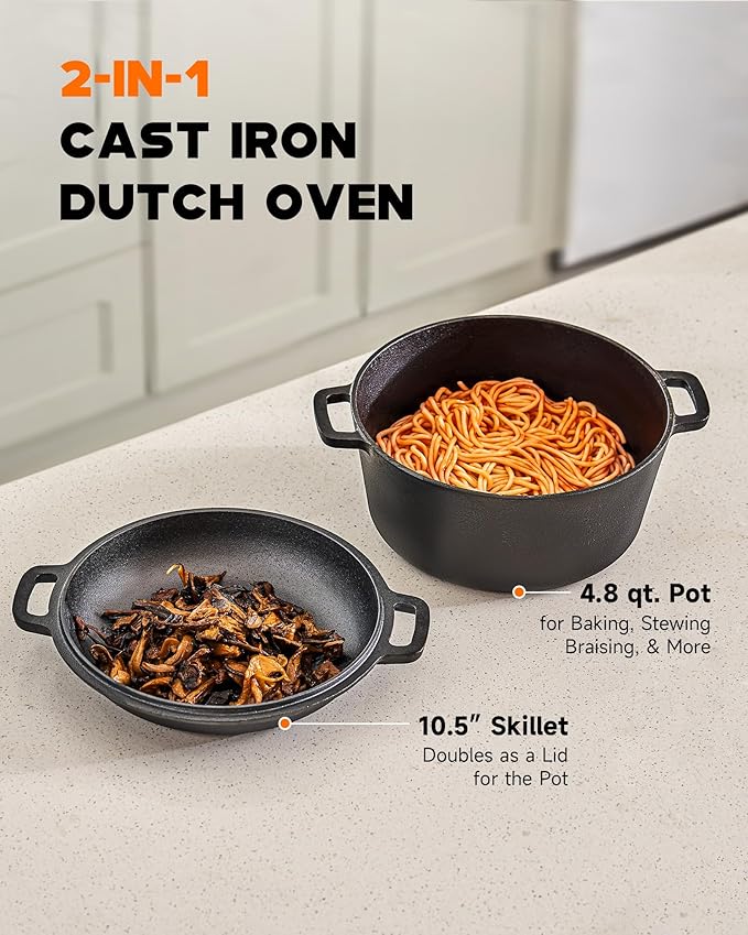 DARTMOOR 2-in-1 Pre-Seasoned Cast Iron Dutch Oven with Lid, 4.8 qt Pot & 10.5 in Skillet Cookware Set with Handles & Lid Lifter, Deep Pot for Baking Stewing Roasting, Indoor & Outdoor Use
