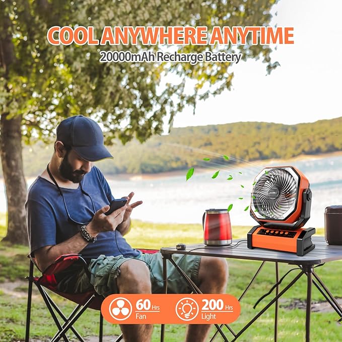 20000mAh Rechargeable Camping Fan - Battery Operated Fan with Light & Remote, Auto Oscillating, 4 Timer, 60 Hrs Work Cordless Tent Fan for Travel Outdoor RV Garage Power Outage Emergency