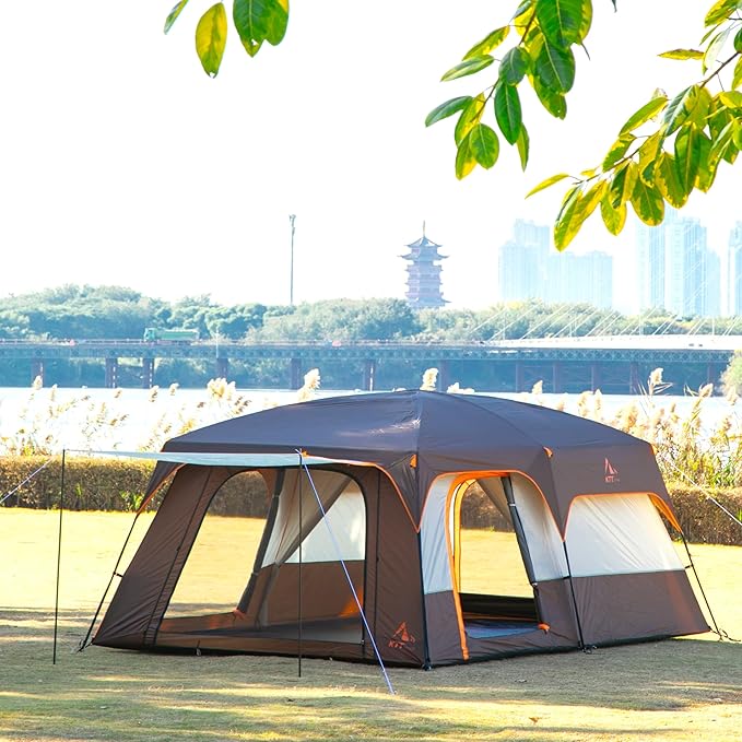KTT Extra Large Tent 6-10-12-14 Person(A),Family Cabin Tents,2 Rooms,3 Doors and 3 Windows with Mesh,Straight Wall,Waterproof,Double Layer,Big Tent for Outdoor,Picnic,Camping,Family Gathering