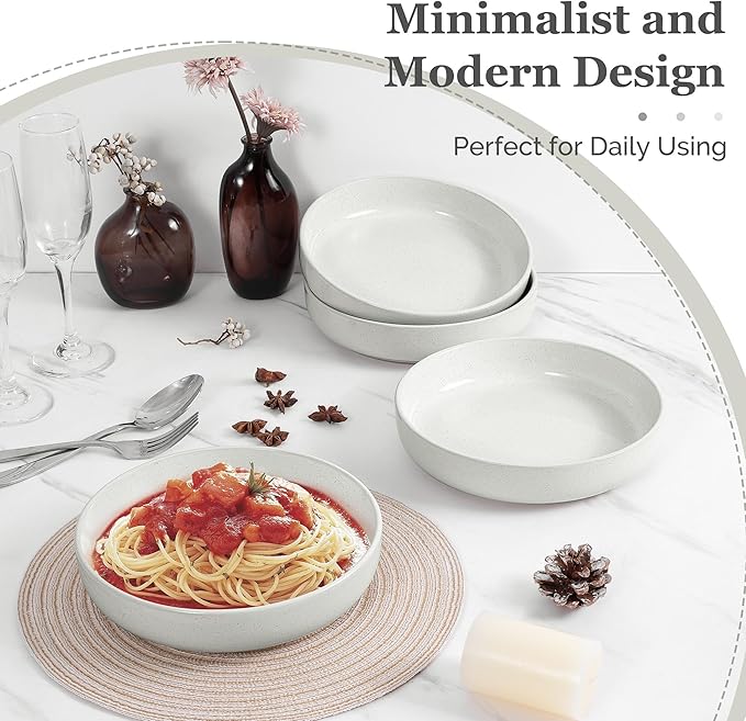 HaWare Pasta Bowls Set of 4, 33oz Large Salad Bowls for Home Kitchen, Ceramic Serving Plates for Soup, Cereal, Scratch-resistant Wide and Shallow Dinner Bowl, Microwave & Dishwasher Safe, Milky White