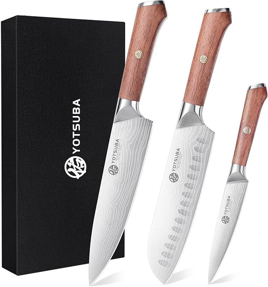 YOTSUBA Kitchen Knives Set 3 PCS, Ultra Sharp Chef Knives High Carbon Stainless Steel, for Home & Restaurant Use, With Smooth Ergonomic Handle and Stylish Premium Gift Box for Meat Slicing& Vegetables
