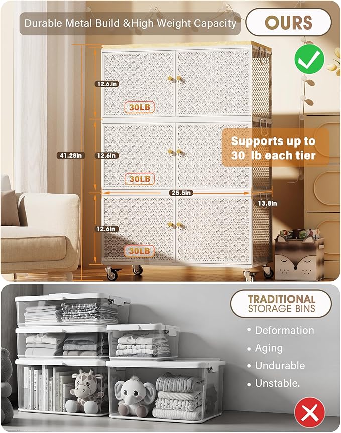 3 Tier Metal Storage Bins and Boxes Organizer, Magnetic Doors & 360°Swivel Lockable Wheels, Easy,labor-Saving, Ocean Life Cutout Pattern, Eco-Aesthetic for Living Room,Bedroom,bathroom,kitchen