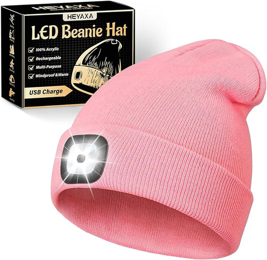 Unisex LED Beanie with Light, Rechargeable Headlamp Hat, Stocking Stuffers Christmas Gifts for Men, Warm Knitted Cap White Elephant Gifts for Dad Adults Teens Men Women Him