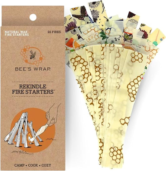 Bee's Wrap ReKindle Natural Fire Starters - Made in USA Fire Starter from Organic Beeswax Wraps for Food - Safe for Indoor/Outdoor Use, Camping Supplies - Natural Firestarter Starts 25 Fires