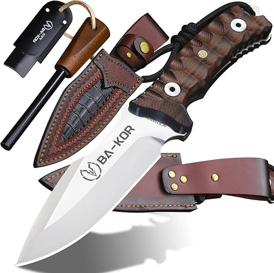 BA-KOR Yellow pear wood handle 6mm 9CR18MOV steel (10.6IN) full Tang forged fixed knife + sheath & (5.9IN) iron ceric igniter, suitable for outdoor camping, tactical survival, EDC, hunting knife (6mm - King Crocodile)
