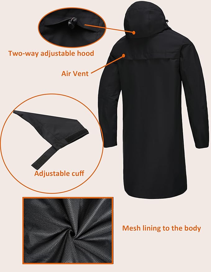 Rain Jacket Men,Waterproof Breathable Long Raincoat with Hood Mesh Lining,Windbreaker for outdoor activities
