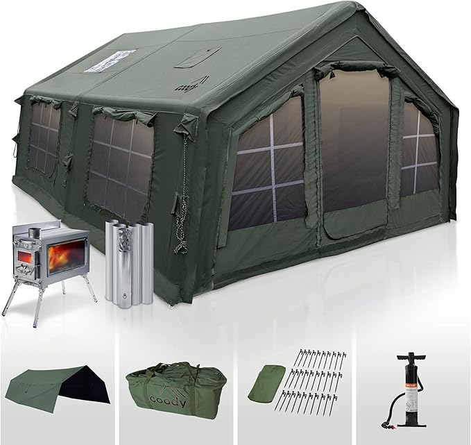 Coody | Rbm Outdoors Koala/Hub/Octopus Inflatable Tents for Camping with Stove Jack, 2/8/10 Person Luxury Canvas Blow Up Tent, 2 Room, Easy Setup Casa de Campaña, Large Inflatable House with Pump