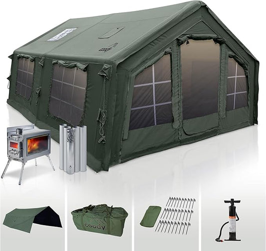 Coody | Rbm Outdoors Koala/Hub/Octopus Inflatable Tents for Camping with Stove Jack, 2/8/10 Person Luxury Canvas Blow Up Tent, 2 Room, Easy Setup Casa de Campaña, Large Inflatable House with Pump