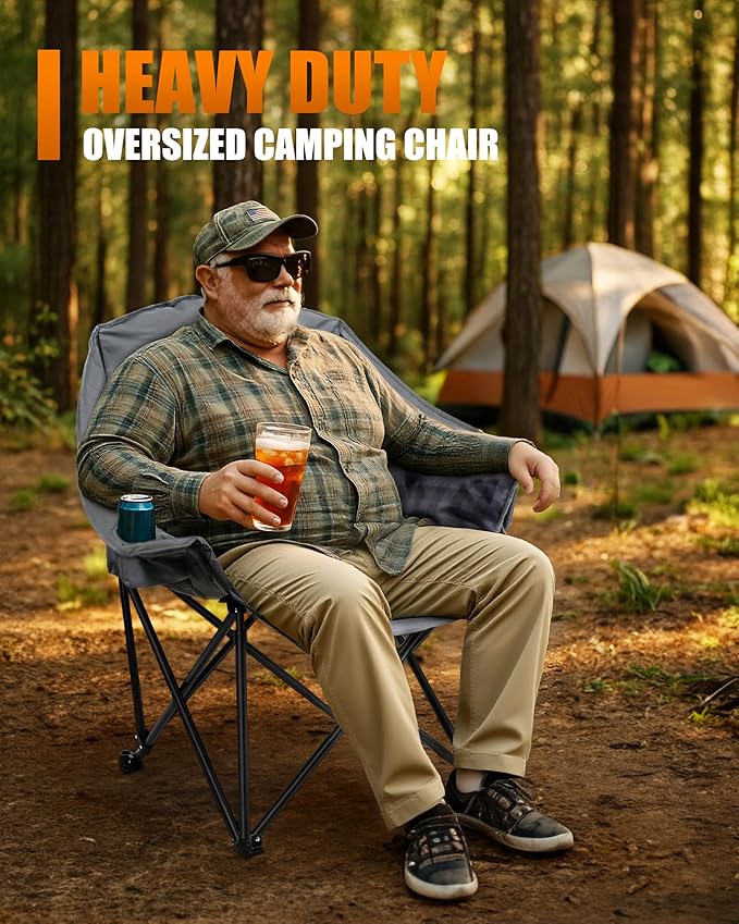2 Pack Oversized XL Camping Chair for Adults, Heavy Duty Padded Folding Camp Chairs with Cup Holder, Supports 500lbs, Large Outdoor Widen Comfy Lawn Chairs for Tailgating Sports Beach Yard