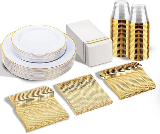 SUT 175 PCS Plastic Plates, 175 Pieces Disposable Heavy Duty for 25 Guests, White Gold Geometric Pattern Dinner Plates with Napkins and Cups, BPA Free