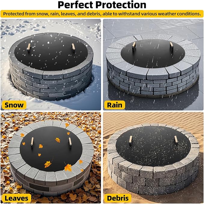 G GOOD GAIN Firepit Lid Round 38 Inch - Rust Resistant Fire Pit Lid Cover with Wooden Handle & Gloves, Fire Pit Snuffer Lid for Courtyards, Patio, Winter Cold Protection. Fits Fire Pits Up to 36"