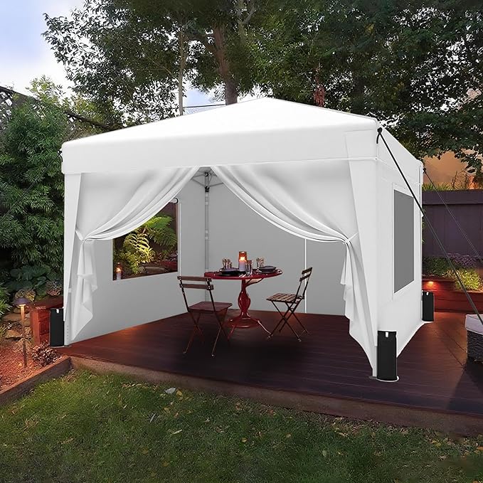 SANWAY 10x10 Pop Up Canopy Tent with Sidewalls x 4 – Easy Setup Canopy Tent, Waterproof, UV-Resistant, Portable with Carry Bag for Outdoor Events, Camping, and Backyard Parties – Silver White