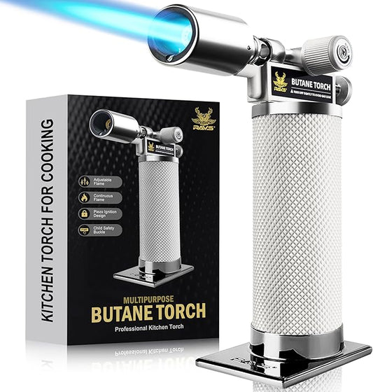 RAVS Butane Torch Lighter, Refillable Cooking Torch with Safety Lock and Adjustable Flame, Creme Brulee Torch for Baking, BBQ, White Mini Torch for Cooking, Gifts for Women, Butane Gas Not Included