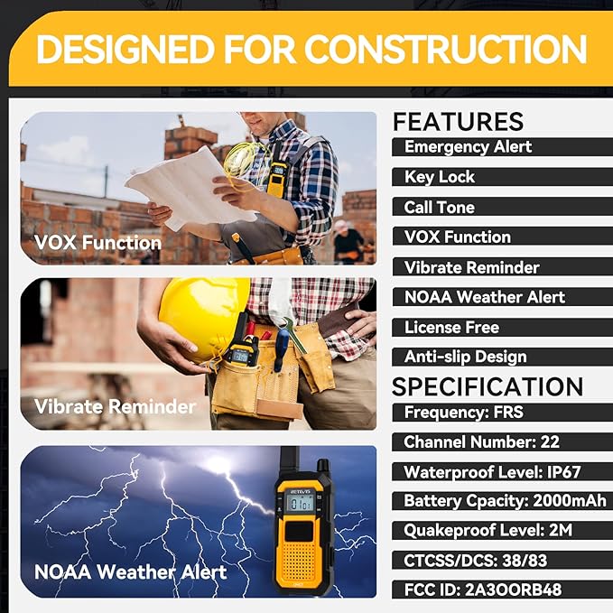 Retevis RB48 Heavy Duty Waterproof Walkie Talkies, Long Range Rechargeable Two Way Radios, Advanced Triple Proof, Vibration Reminder, for Warehousing Construction Contractor(10 Pack)