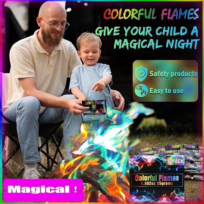 Fire Color Changing Packets [12Pack]，Color Fire Packets for Outdoor Campfires, Fire Pits, Fireplaces, Colorful Flames, Long Burn Time, Safe, Magic for Child